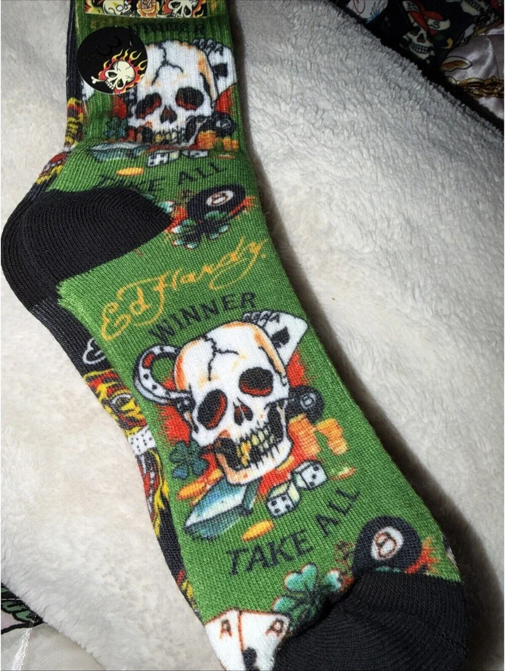 Ed Hardy Gambling Skull Mens 3 Pair Cushioned Crew Socks Green /Black/blue